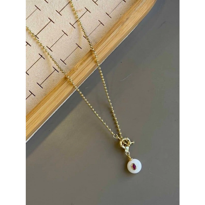 Dorika Zincirli Taşlı Kolye- 60 cm - Beyaz