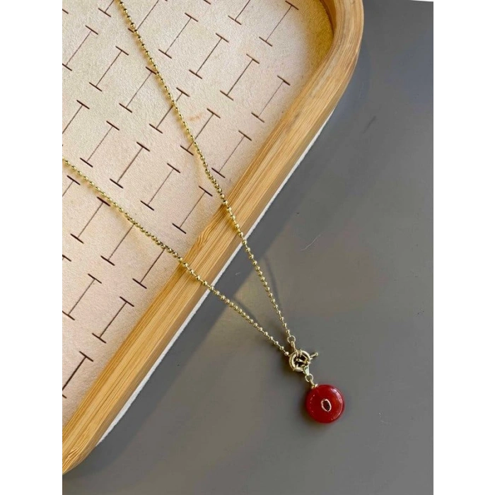 Dorika Zincirli Taşlı Kolye- 60 cm - Kırmızı