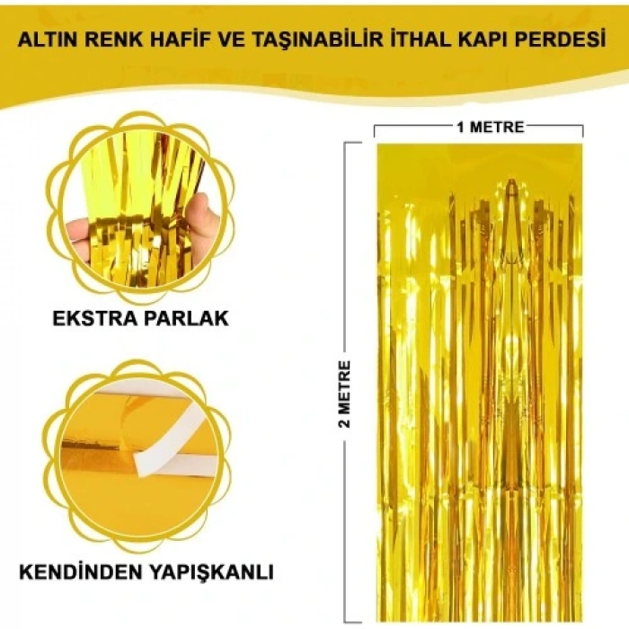 HERŞEYTREND Ekstra Metalize Parlak Saçaklı Arka Fon Perde Gold