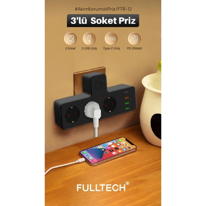 Ftr-12 Termal Akım Korumalı Isıya Dayanıklı 3’lü Priz 3x Usb 1x Type-c