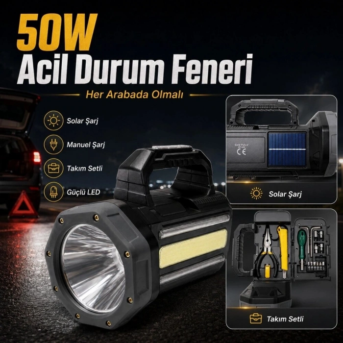 Gold  Gp-620 Solar Şarjlı 50 Watt Güçlü Kamp El Feneri Takım Çantalı