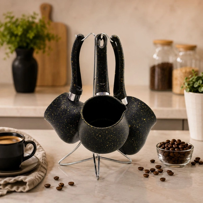 Granit Çelik Cezve Seti 4lü (230/280/380 ml) Metal Standlı