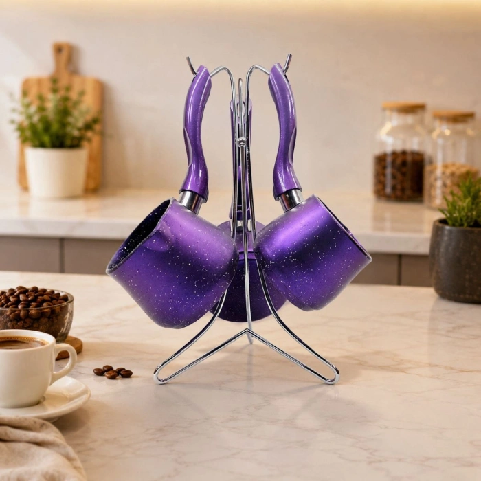 Granit Çelik Cezve Seti 4lü (230/280/380 ml) Metal Standlı