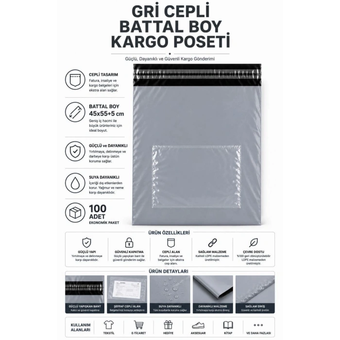 Gri Cepli Battal Boy Kargo Poşeti 45x55+5 Cm 100 Adet