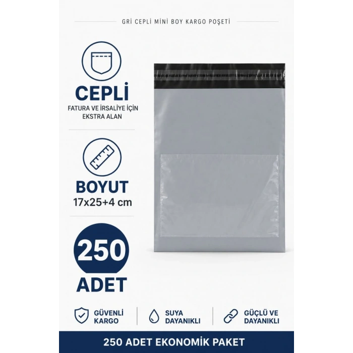 Gri Cepli Mini Boy Kargo Poşeti 17x25+4 Cm 250 Adet