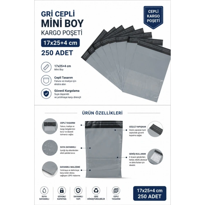 Gri Cepli Mini Boy Kargo Poşeti 17x25+4 Cm 250 Adet