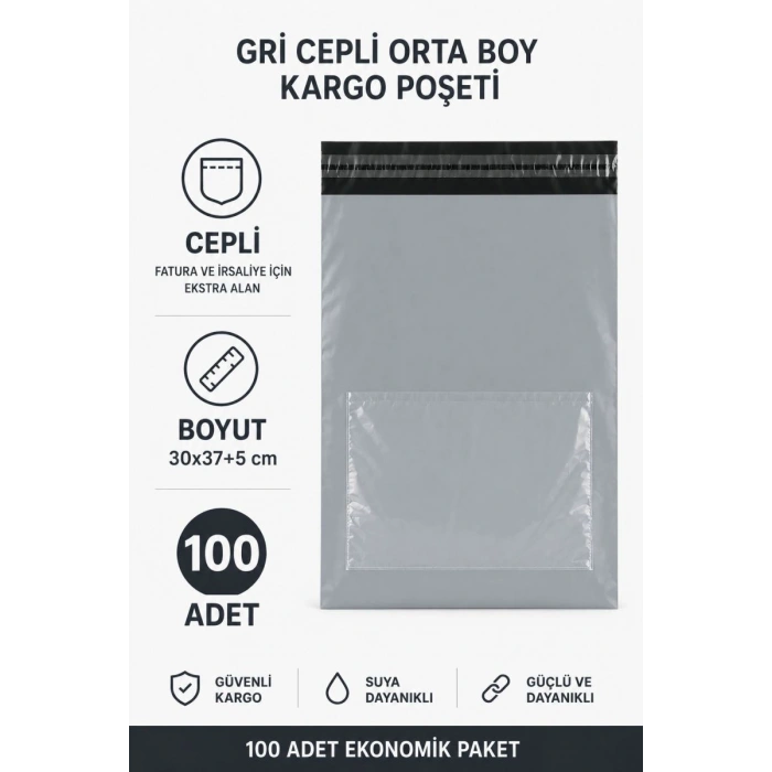 Gri Cepli Orta Boy Kargo Poşeti 30x37+5 Cm 100 Adet