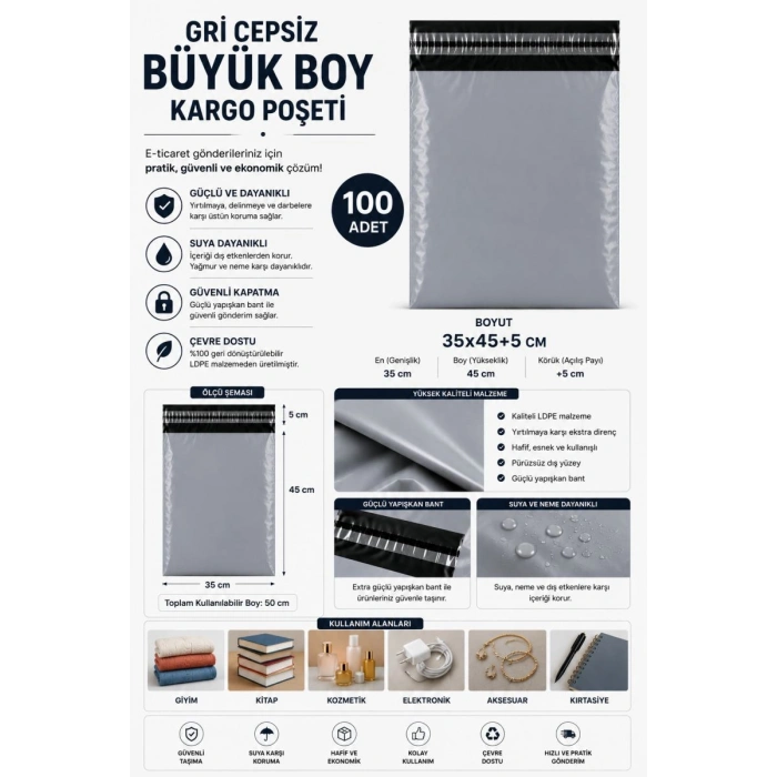 Gri Cepsiz Büyük Boy Kargo Poşeti 35x45+5 Cm 100 Adet