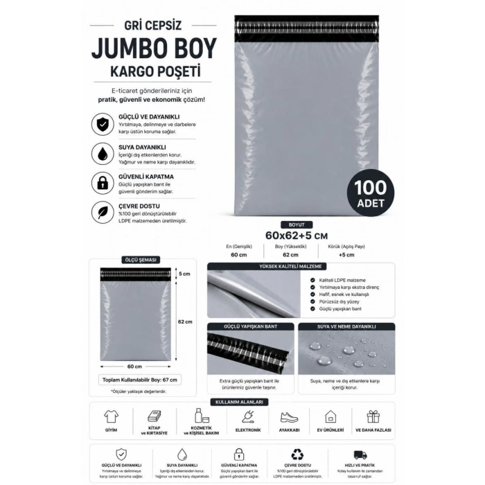 Gri Cepsiz Jumbo Boy Kargo Poşeti 60x62+5 Cm 100 Adet
