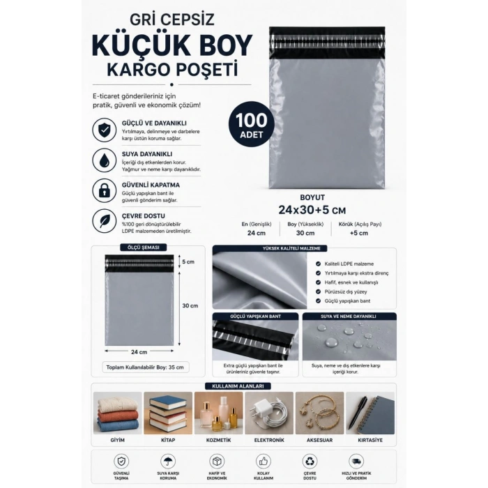 Gri Cepsiz Küçük Boy Kargo Poşeti 24x30+5 Cm 100 Adet