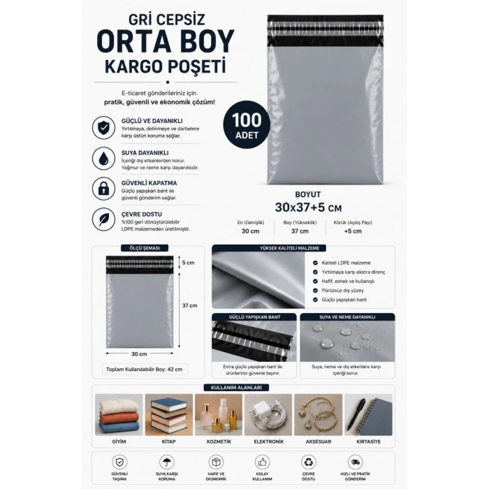 Gri Cepsiz Orta Boy Kargo Poşeti 30x37+5 Cm 100 Adet