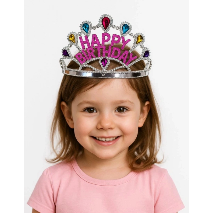 Gümüş Renk Happy Birthday Yazılı Doğum Günü Tacı 60 Cm