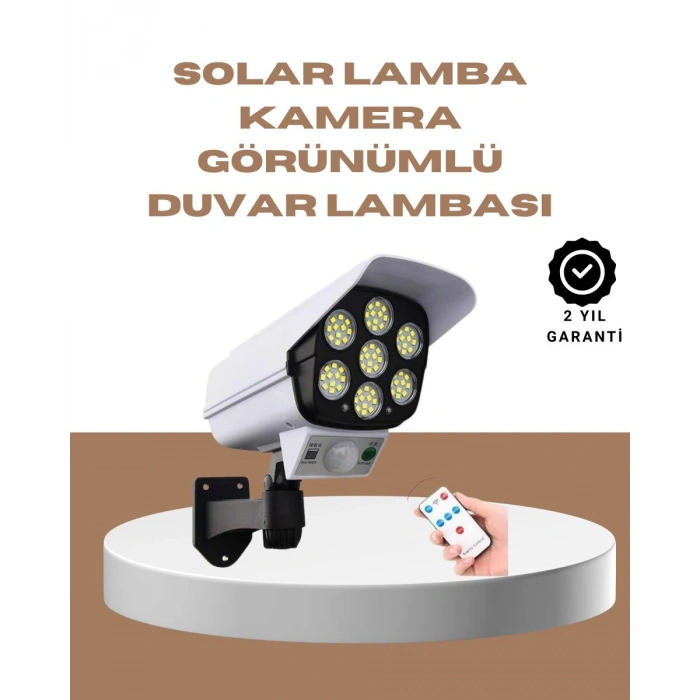 Güneş Enerjili LED Lamba + Güvenlik Kamerası Görünümlü– 5-8 m Hareket Algılamalı, Beyaz Işık