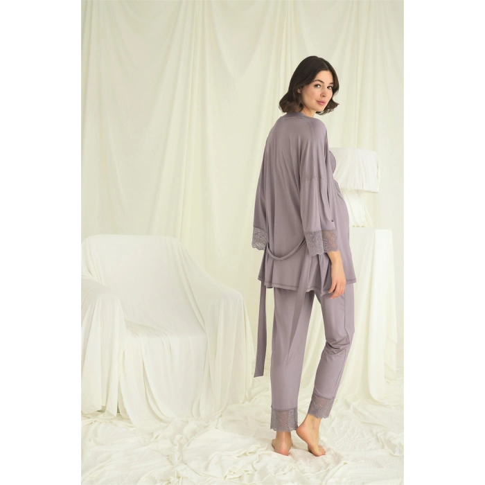 HERŞEYTREND  Dantelli Hamile Lohusa 3lü Pijama Takımı