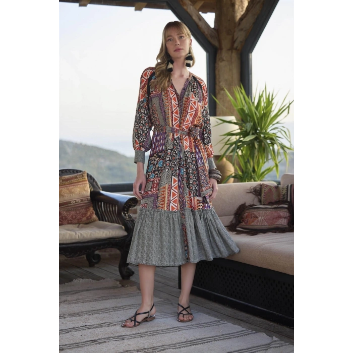 HERŞEYTREND  Etnik Desenli Kuşaklı Elbise
