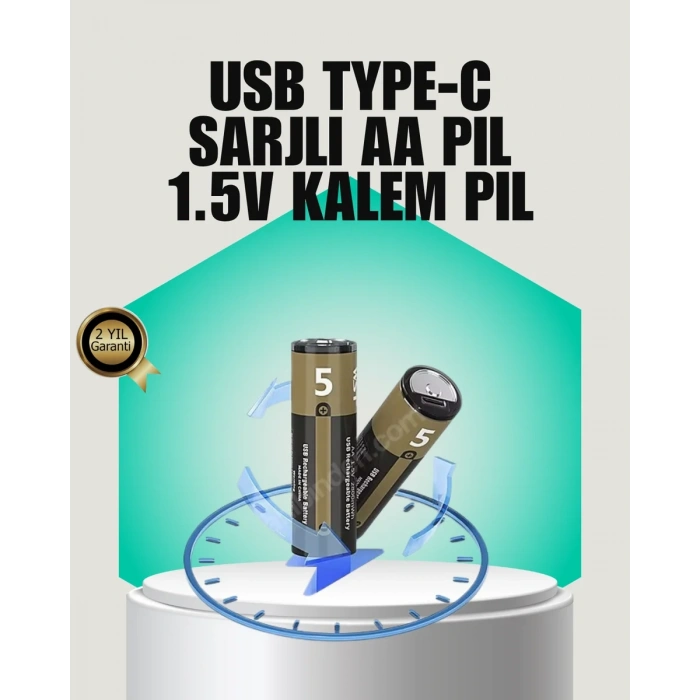 HERŞEYTREND 1.5V AA Şarjlı Lityum Pil | 1000+ Kez Şarj Edilebilir | Hızlı Type-C Şarj (2 Adet)