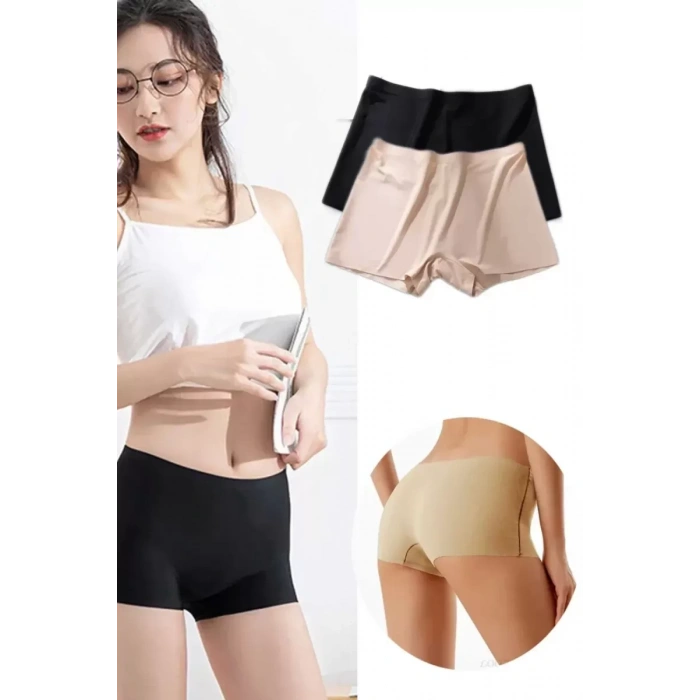 HERŞEYTREND 2 Adet Kadın Dikişsiz Görünmez İz Yapmaz Mini Şort Boxer Siyah Ten mudanis