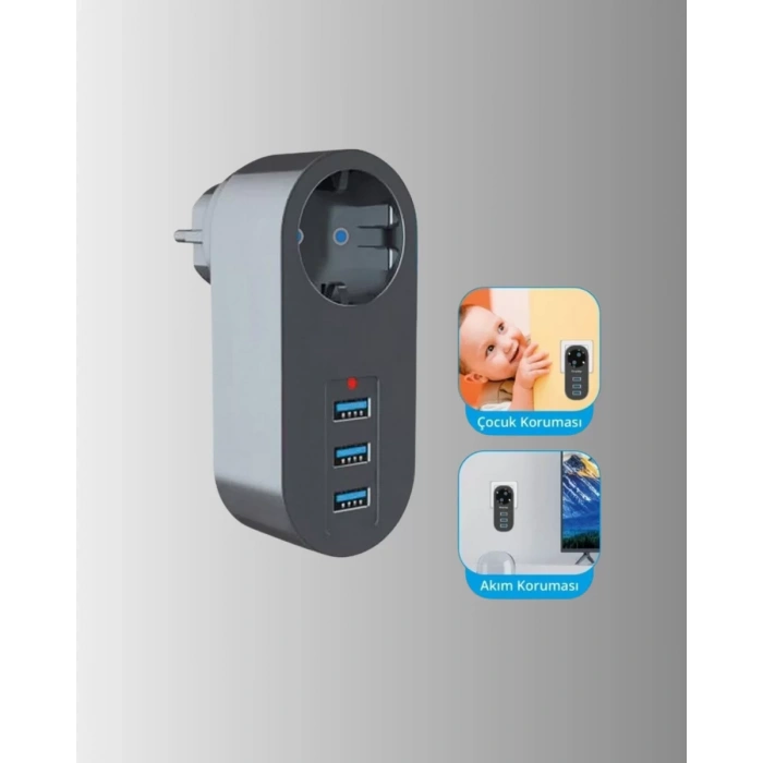 HERŞEYTREND 2500W Güç Destekli Akım Korumalı Priz – 3 USB Çıkışlı