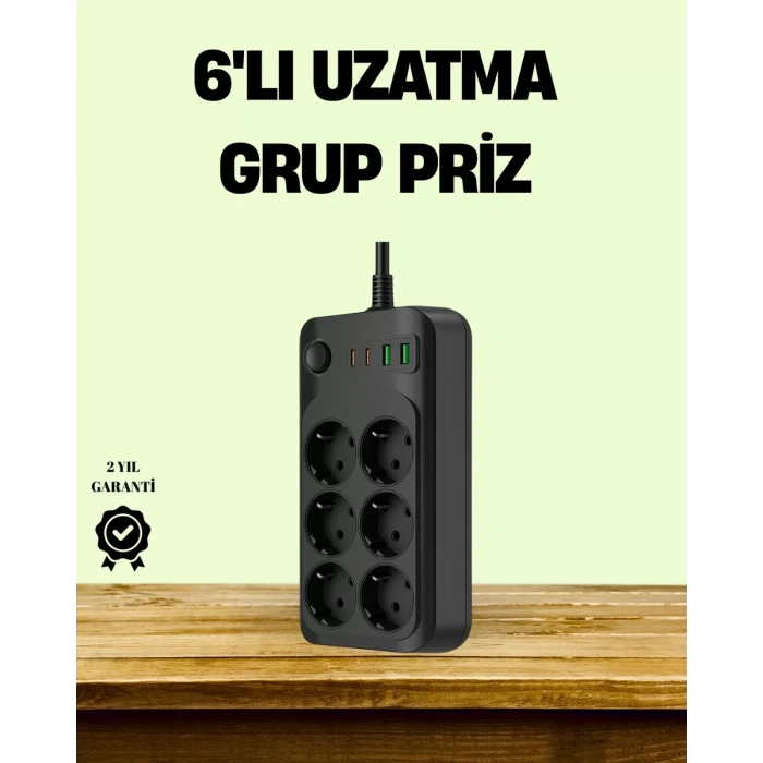 HERŞEYTREND 2500W Güçlü 6’lı Priz USB ve Type-C Çıkışlı Termal Korumalı