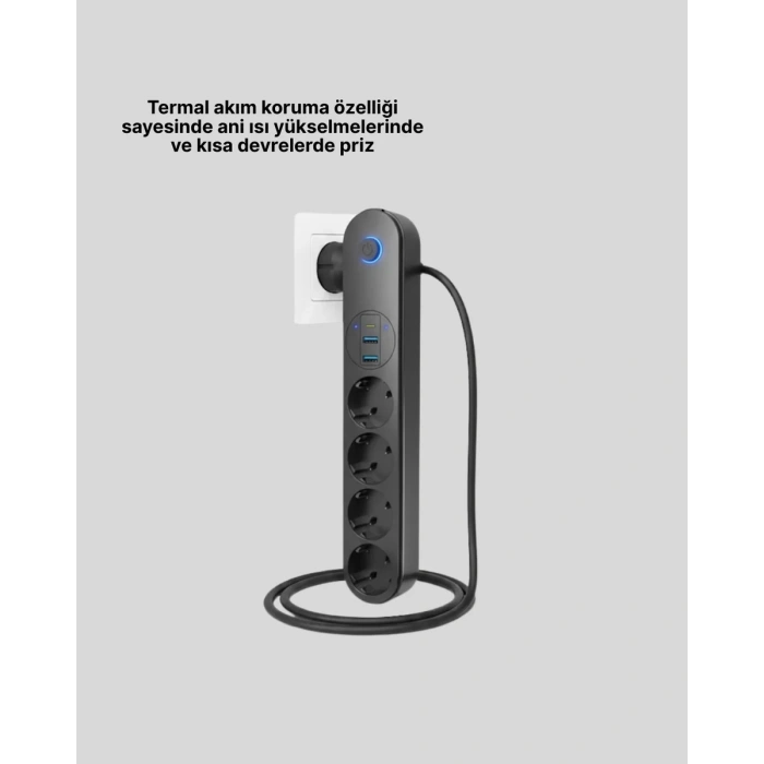 HERŞEYTREND 4’lü Çoklu Priz 2 USB Type-C Girişli Akım Korumalı Siyah