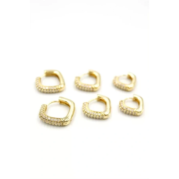 HERŞEYTREND 6lı Taşlı Kare Halka Küpe - Altın