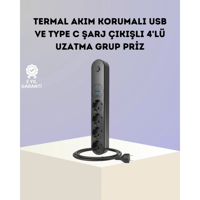 HERŞEYTREND Akım Korumalı Çoklu Priz 4’lü 2 USB 1 Type-C 2500W Güçlü Tasarım