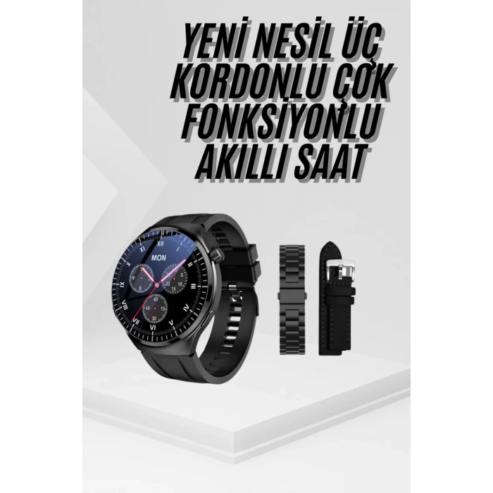 HERŞEYTREND Amoled Ekran Metal Deri Silikon Kordonlu Uyku ve Sağlık Takibi