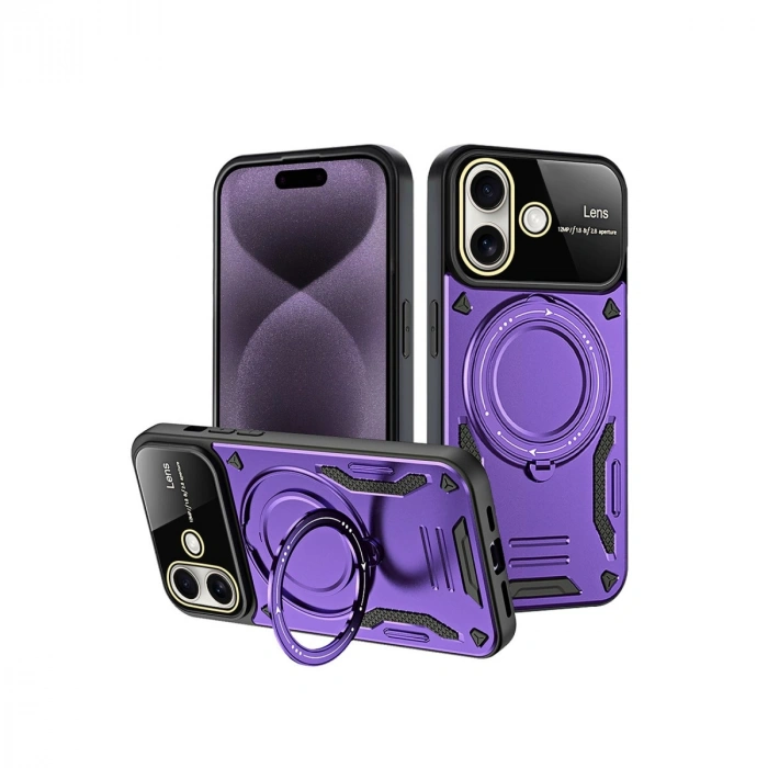 HERŞEYTREND Apple İphone 16 Kılıf Joy Lens Standlı Kapak - Mor