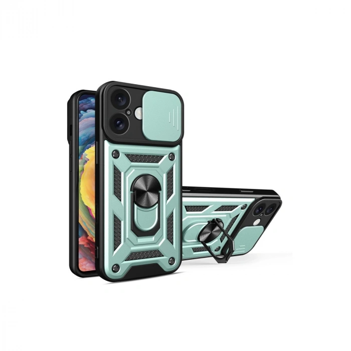 HERŞEYTREND Apple İphone 16 Kılıf Pars Lens Yüzüklü Silikon - Yeşil