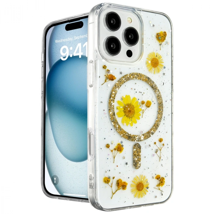 HERŞEYTREND Apple İphone 16 Pro Kılıf Daisy Simli Magsafe Kapak - Gold