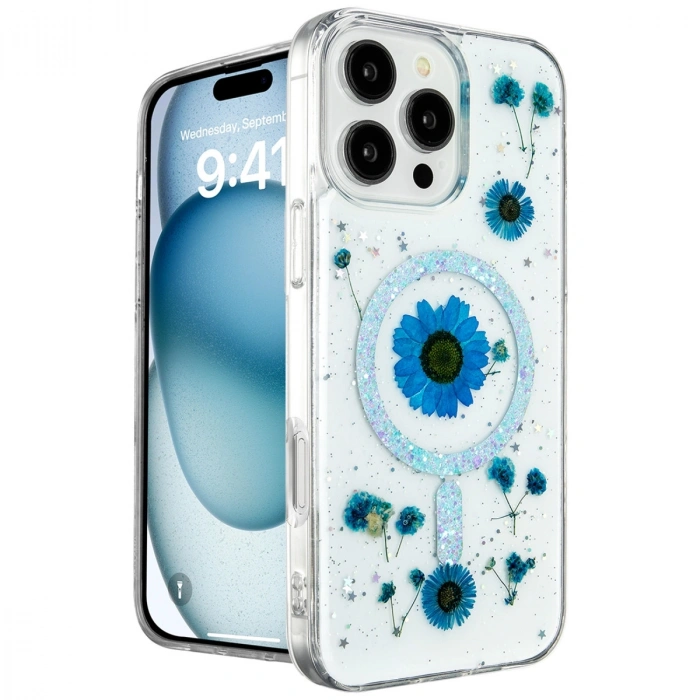 HERŞEYTREND Apple İphone 16 Pro Kılıf Daisy Simli Magsafe Kapak - Mavi