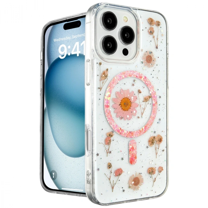 HERŞEYTREND Apple İphone 16 Pro Kılıf Daisy Simli Magsafe Kapak - Pembe