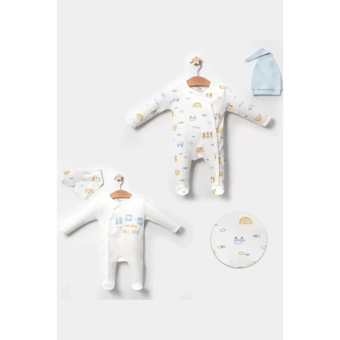 HERŞEYTREND Araba Desenli Mavi 4lü Erkek Bebek Tulumu