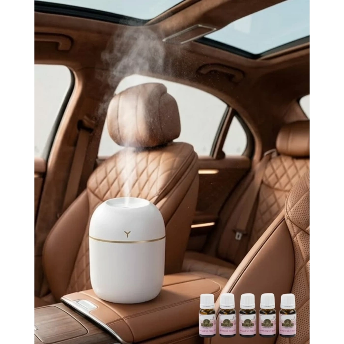 HERŞEYTREND Aromaterapi Özellikli Mini Hava Nemlendirici 5 Esans Hediyeli LED Işıklı Difüzör