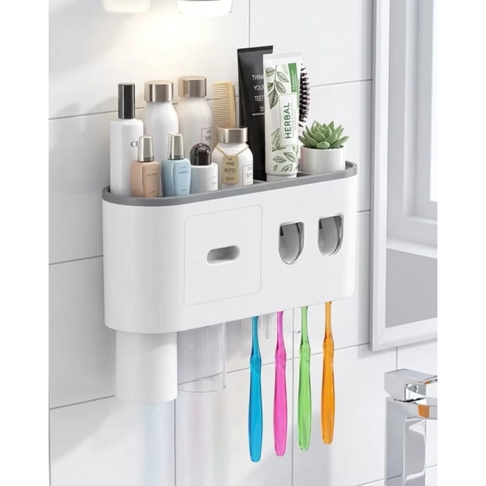 HERŞEYTREND Banyo Organizer Diş Fırçası Tutucu Çift Dispenserli Raflı Çekmeceli