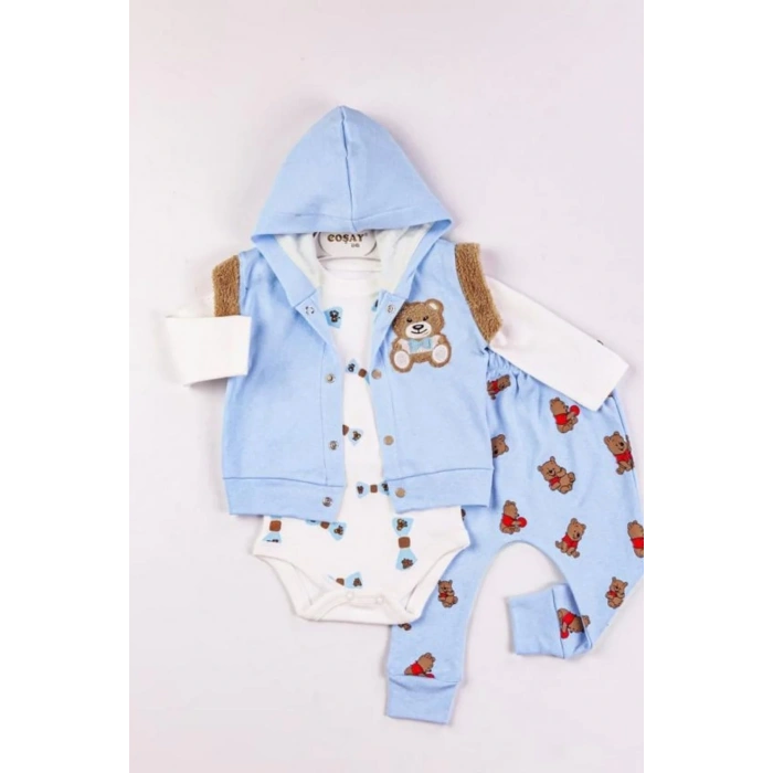 HERŞEYTREND Bear Nakışlı Yelekli 3lü Erkek Bebek Takımı