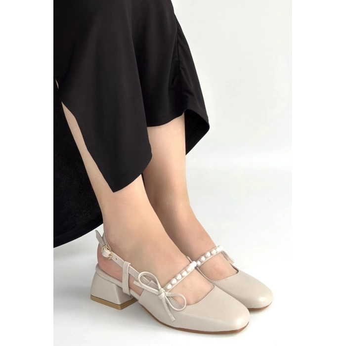 HERŞEYTREND Ceyda Bej Cilt Topuklu Ayakkabı