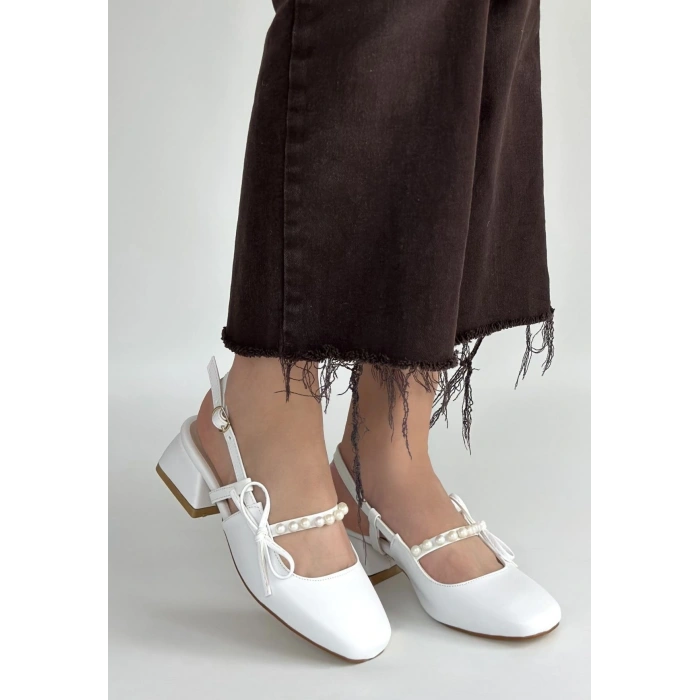 HERŞEYTREND Ceyda Beyaz Cilt Topuklu Ayakkabı
