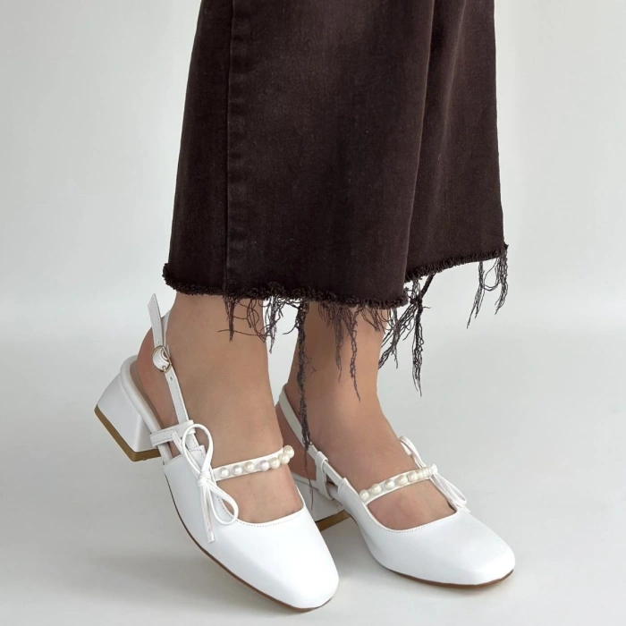 HERŞEYTREND Ceyda Beyaz Cilt Topuklu Ayakkabı