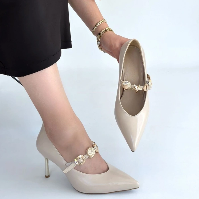 HERŞEYTREND Conne Bej Cilt Stiletto Ayakkabı