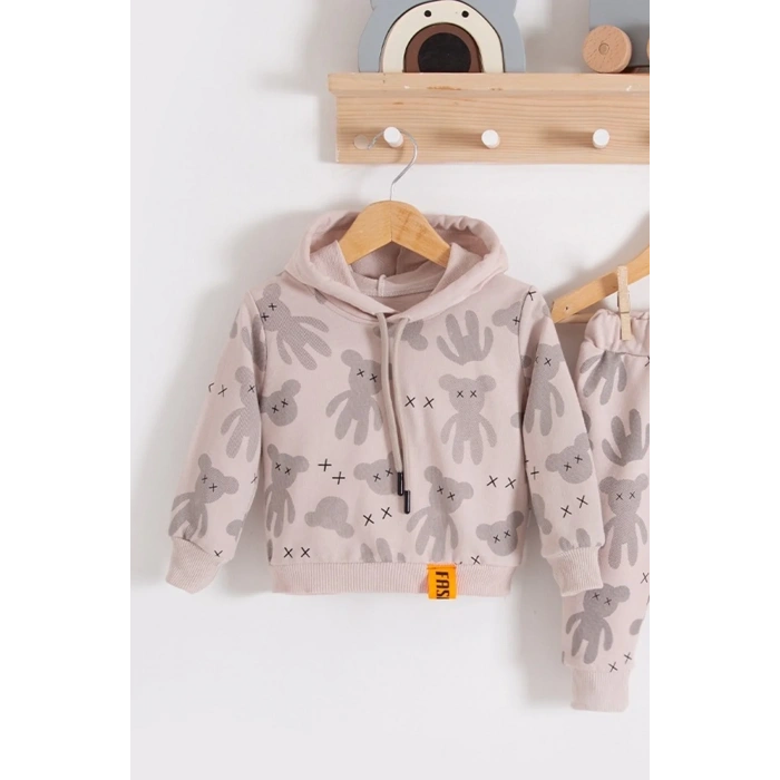 HERŞEYTREND Cool Bear Kapüşonlu % 100 Pamuk Erkek Bebek Takımı