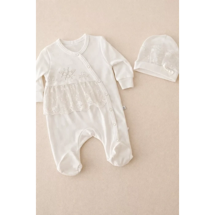 HERŞEYTREND Dantelli Çiçek Nakışlı Kız Bebek Tulum %100 Pamuk
