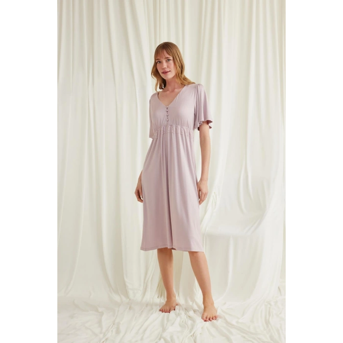 HERŞEYTREND  Dantelli Önü Düğmeli Hamile Lohusa Viskon Gecelik