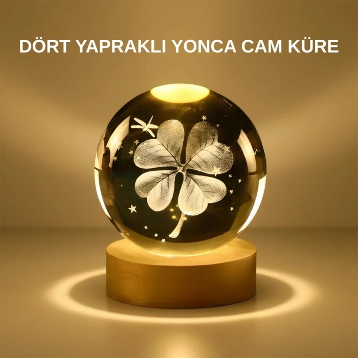 HERŞEYTREND Dekoratif Yonca Görünümlü Işıklı Kristal Cam Küre USB Masa Gece Lambası