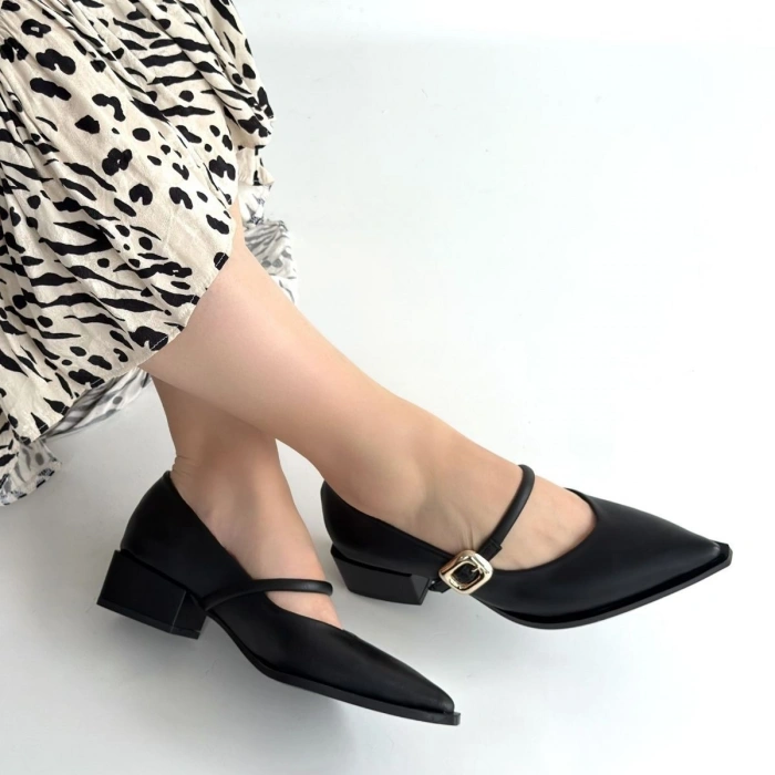 HERŞEYTREND Galye Siyah Cilt Topuklu Ayakkabı