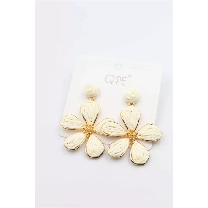 HERŞEYTREND Hasır Çiçek Küpe - Krem