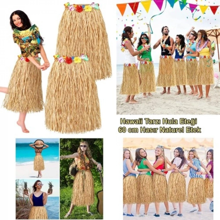 HERŞEYTREND Hawaii Tarzı Hula Eteği – 60 cm Hasır Naturel Etek