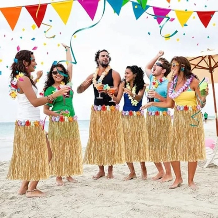 HERŞEYTREND Hawaii Tarzı Hula Eteği – 60 cm Hasır Naturel Etek