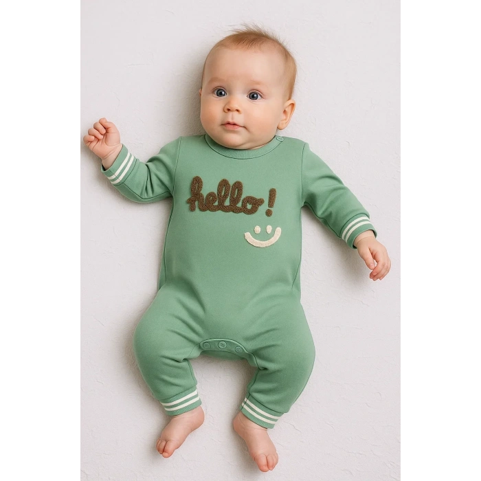 HERŞEYTREND Hello Nakışlı % 100 Pamuk Erkek Bebek Tulum