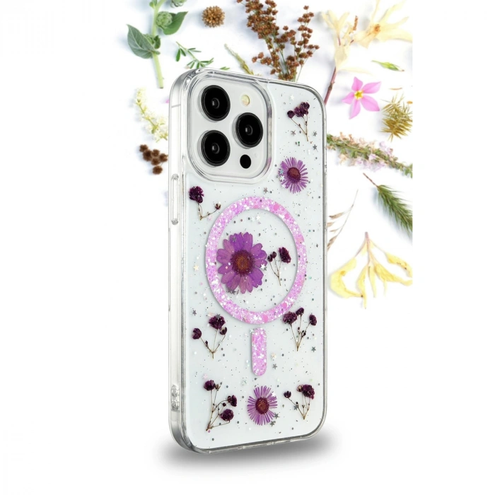 HERŞEYTREND İphone 12 Kılıf Daisy Simli Magsafe Kapak - Mor